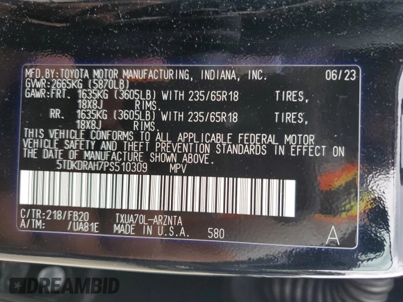 2023 Toyota Highlander L with VIN 5TDKDRAH7PS510309, listed as a Copart auction lot 57307045 with 57,410 mi miles and Salvage title. Bid and sale history available at DreamBid. Image 13.