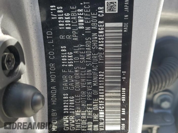 2019 Honda Civic Sedan EX with VIN JHMFC1F38KX011202, listed as a Copart auction lot 48758745 with 78,408 mi miles and Salvage Title. Bid and sale history available at carsss.com. Image 13.