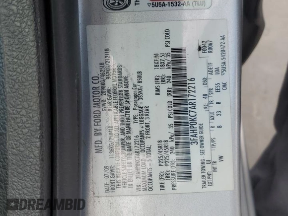 2010 Ford Fusion SPORT with VIN 3FAHP0KC7AR172216, listed as a Copart auction lot 50706895 with 189,893 mi miles and Salvage Title. Bid and sale history available at carsss.com. Image 12.
