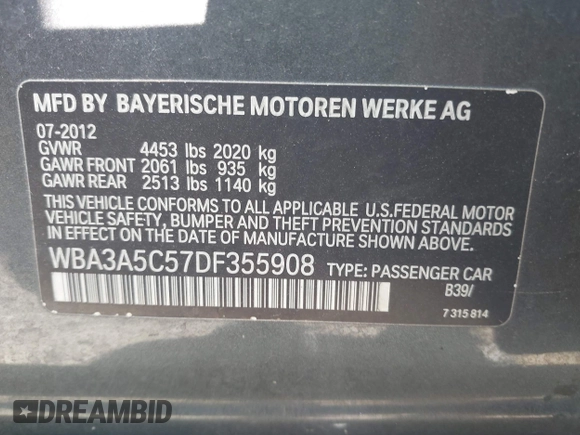2013 BMW 3 Series 328i with VIN WBA3A5C57DF355908, listed as a IAAI auction lot 41740181 with 81,283 mi miles. Bid and sale history available at carsss.com. Image 9.