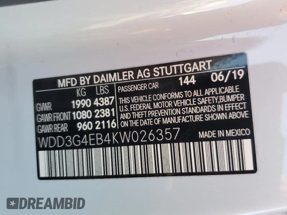 2019 Mercedes-Benz A 220 with VIN WDD3G4EB4KW026357, listed as a Copart auction lot 45985965 with 35,963 mi miles and Salvage title. Bid and sale history available at DreamBid. Image 12.