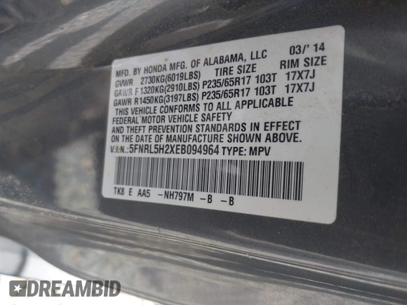 2014 Honda Odyssey LX с VIN 5FNRL5H2XEB094964, выставлен на аукционе IAAI как лот 42131411 с пробегом 175 825 миль миль и . История ставок и продаж доступна на DreamBid. Изображение 9.