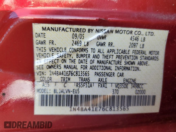 2006 Nissan Maxima 3.5 SL with VIN 1N4BA41E76C813565, listed as a Copart auction lot 50340495 with 168,689 mi miles and Salvage Title. Bid and sale history available at carsss.com. Image 12.