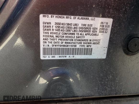 2016 Honda Pilot Touring with VIN 5FNYF6H98GB119708, listed as a Copart auction lot 48964525 with 45,448 mi miles and Salvage Title. Bid and sale history available at carsss.com. Image 15.