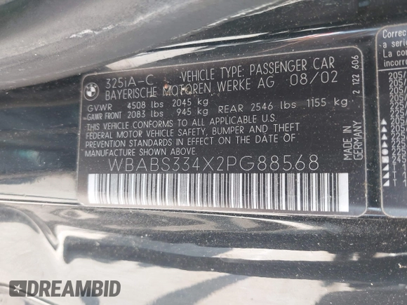 2002 BMW 3 Series 325Ci с VIN WBABS334X2PG88568, выставлен на аукционе IAAI как лот 42702995 с пробегом 77 577 миль миль и . История ставок и продаж доступна на DreamBid. Изображение 9.
