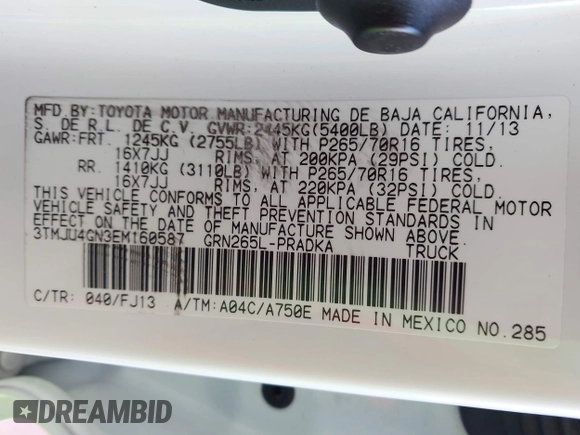2014 Toyota Tacoma PreRunner with VIN 3TMJU4GN3EM160587, listed as a IAAI auction lot 42710985 with 200,867 mi miles and . Bid and sale history available at DreamBid. Image 9.