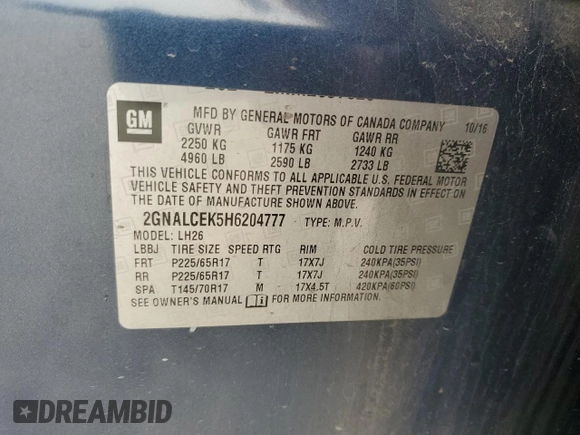 2017 Chevrolet Equinox LT with VIN 2GNALCEK5H6204777, listed as a Copart auction lot 54115965 with 222,926 mi miles and Salvage Title. Bid and sale history available at DreamBid. Image 13.