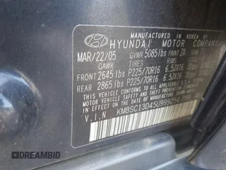 2005 Hyundai Santa Fe GLS z VIN KM8SC13D45U999254, wystawiony jako IAAI lot #41990228 z przebiegiem 154 188 mil mil oraz . Historia ofert i sprzedaży dostępna na DreamBid. Obrazek 9.