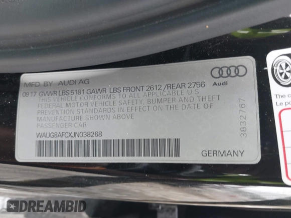 2018 Audi A6 Premium Plus with VIN WAUG8AFCXJN038268, listed as a IAAI auction lot 42442815 with 128,983 mi miles and . Bid and sale history available at DreamBid. Image 9.