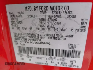 2006 Ford F-150 XLT z VIN 1FTPW14V96KC52092, wystawiony jako IAAI lot #42034553 z przebiegiem 178 376 mil mil oraz . Historia ofert i sprzedaży dostępna na DreamBid. Obrazek 9.