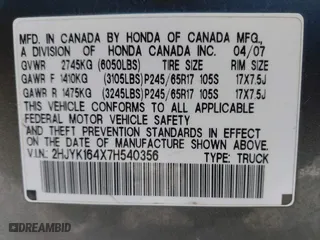 2007 Honda Ridgeline RTS with VIN 2HJYK164X7H540356, listed as a IAAI auction lot 41253937 with 1 mi miles. Bid and sale history available at carsss.com. Image 9.