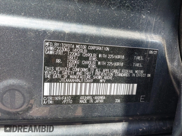 2022 Toyota Venza LE with VIN JTEAAAAH4NJ110669, listed as a IAAI auction lot 41840038 with 31,299 mi miles. Bid and sale history available at carsss.com. Image 9.