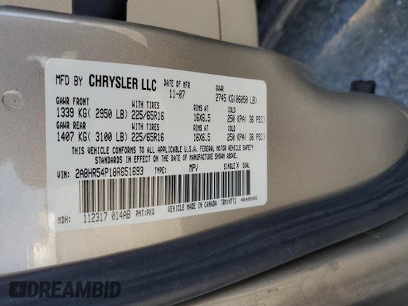 2008 Chrysler Town & Country Touring with VIN 2A8HR54P18R651693, listed as a Copart auction lot 88906765 with Not Provided miles and Salvage Title. Bid and sale history available at carsss.com. Image 13.