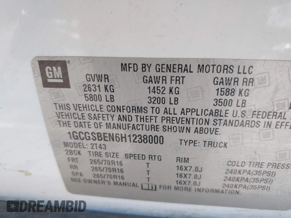 2017 Chevrolet Colorado 2WD WT with VIN 1GCGSBEN6H1238000, listed as a IAAI auction lot 41959914 with 149,852 mi miles and . Bid and sale history available at DreamBid. Image 9.