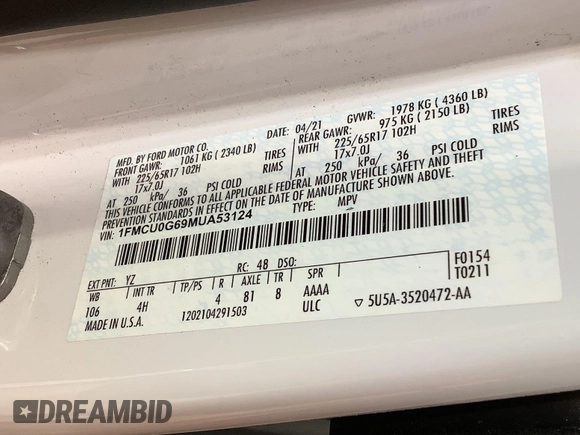 2021 Ford Escape SE with VIN 1FMCU0G69MUA53124, listed as a IAAI auction lot 42749962 with 67,774 mi miles and . Bid and sale history available at DreamBid. Image 1.