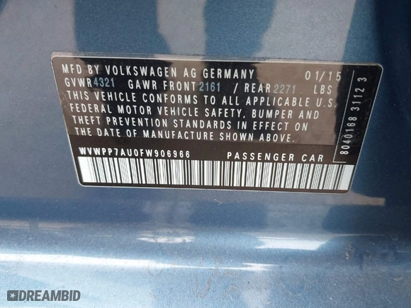 2015 Volkswagen e-Golf SEL Premium with VIN WVWPP7AU0FW906966, listed as a IAAI auction lot 41743128 with 75,619 mi miles. Bid and sale history available at carsss.com. Image 9.