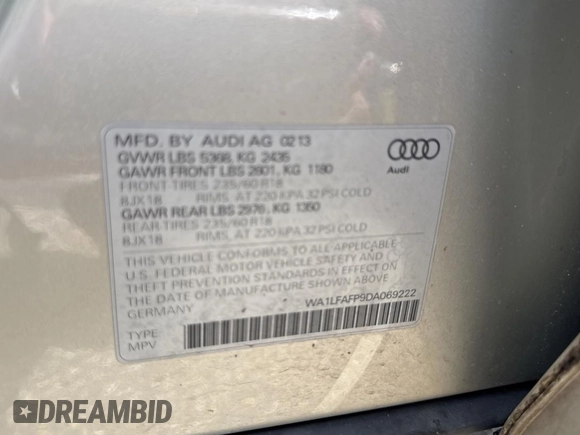 2013 Audi Q5 Premium Plus with VIN WA1LFAFP9DA069222, listed as a Copart auction lot 59287815 with 138,264 mi miles and Clean title. Bid and sale history available at DreamBid. Image 10.