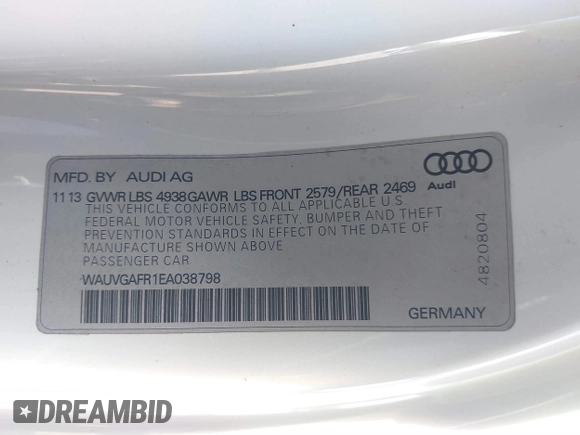 2014 Audi S5 Prestige with VIN WAUVGAFR1EA038798, listed as a IAAI auction lot 41682255 with 54,966 mi miles. Bid and sale history available at carsss.com. Image 9.