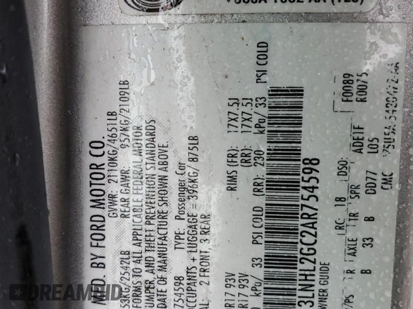 2010 Lincoln MKZ with VIN 3LNHL2GC2AR754598, listed as a Copart auction lot 43327315 with 91,874 mi miles and Salvage title. Bid and sale history available at DreamBid. Image 14.