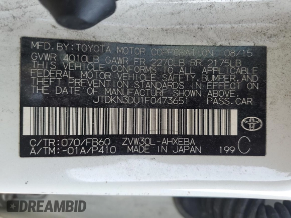 2015 Toyota Prius Four z VIN JTDKN3DU1F0473651, wystawiony jako Copart lot #60818755 z przebiegiem 358 750 mil mil oraz Czysty tytuł • Clean title. Historia ofert i sprzedaży dostępna na DreamBid. Obrazek 12.