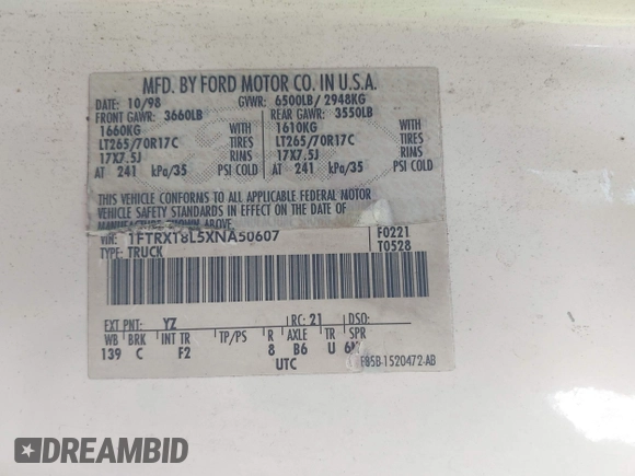 1999 Ford F-150 XL with VIN 1FTRX18L5XNA50607, listed as a IAAI auction lot 42626517 with Not provided miles and . Bid and sale history available at DreamBid. Image 9.