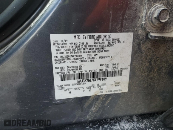 2019 Ford EcoSport SE z VIN MAJ3S2GE7KC299109, wystawiony jako Copart lot #47748965 z przebiegiem Nie podano mil oraz Szkody całkowita. Historia ofert i sprzedaży dostępna na DreamBid. Obrazek 14.