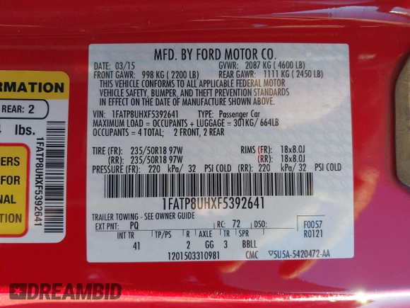 2015 Ford Mustang EcoBoost Premium с VIN 1FATP8UHXF5392641, выставлен на аукционе IAAI как лот 41405077 с пробегом 77 279 миль миль и . История ставок и продаж доступна на DreamBid. Изображение 9.