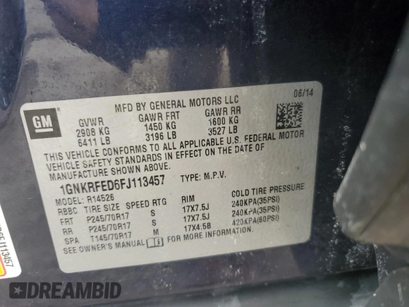 2015 Chevrolet Traverse LS z VIN 1GNKRFED6FJ113457, wystawiony jako Copart lot #74671954 z przebiegiem Nie podano mil oraz Szkoda całkowita • Salvage title. Historia ofert i sprzedaży dostępna na DreamBid. Obrazek 14.