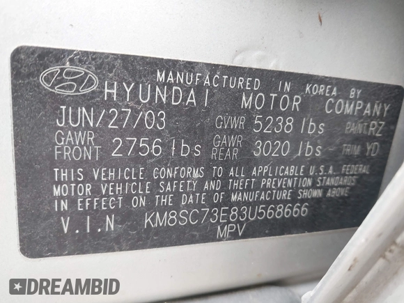 2003 Hyundai Santa Fe LX with VIN KM8SC73E83U568666, listed as a IAAI auction lot 41679044 with 127,560 mi miles. Bid and sale history available at carsss.com. Image 9.