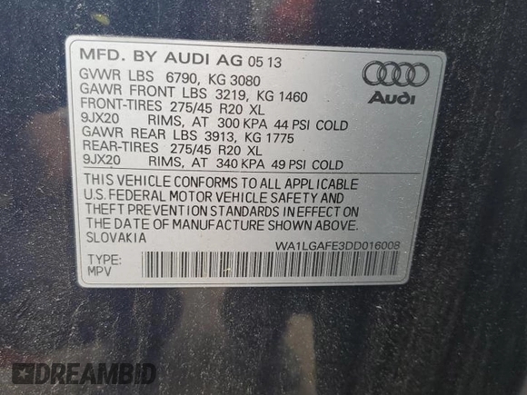 2013 Audi Q7 Premium Plus with VIN WA1LGAFE3DD016008, listed as a Copart auction lot 60279605 with 99,266 mi miles and Salvage title. Bid and sale history available at DreamBid. Image 13.
