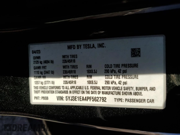 2023 Tesla Model 3 with VIN 5YJ3E1EA4PF562792, listed as a Copart auction lot 55994165 with 17,234 mi miles and Salvage title. Bid and sale history available at DreamBid. Image 13.