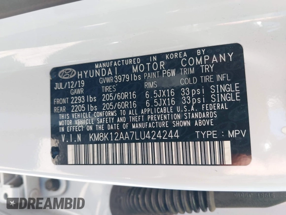 2020 Hyundai Kona SE with VIN KM8K12AA7LU424244, listed as a IAAI auction lot 42081675 with 35,251 mi miles. Bid and sale history available at carsss.com. Image 9.