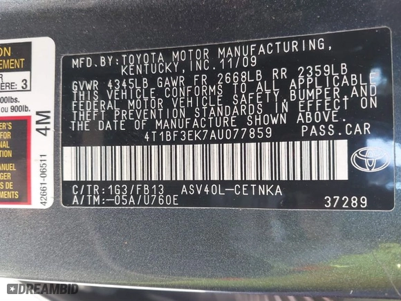2010 Toyota Camry with VIN 4T1BF3EK7AU077859, listed as a IAAI auction lot 41776401 with 129,781 mi miles. Bid and sale history available at carsss.com. Image 9.