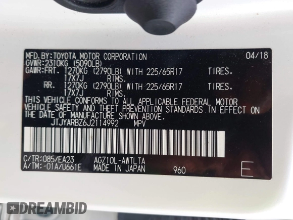 2018 Lexus NX 300 with VIN JTJYARBZ6J2114992, listed as a IAAI auction lot 42494896 with 57,421 mi miles and . Bid and sale history available at DreamBid. Image 9.