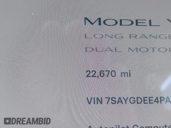 2023 Tesla Model Y Long Range with VIN 7SAYGDEE4PA145922, listed as a IAAI auction lot 41771974 with 22,670 mi miles. Bid and sale history available at carsss.com. Image 15.