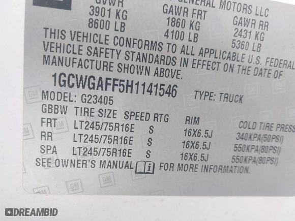 2017 Chevrolet Express Cargo Van with VIN 1GCWGAFF5H1141546, listed as a IAAI auction lot 41785020 with 155,170 mi miles. Bid and sale history available at carsss.com. Image 9.