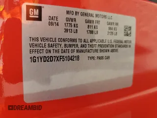 2015 Chevrolet Corvette 2LT with VIN 1G1YD2D7XF5104218, listed as a Copart auction lot 56056945 with 42,300 mi miles and Salvage title. Bid and sale history available at DreamBid. Image 12.