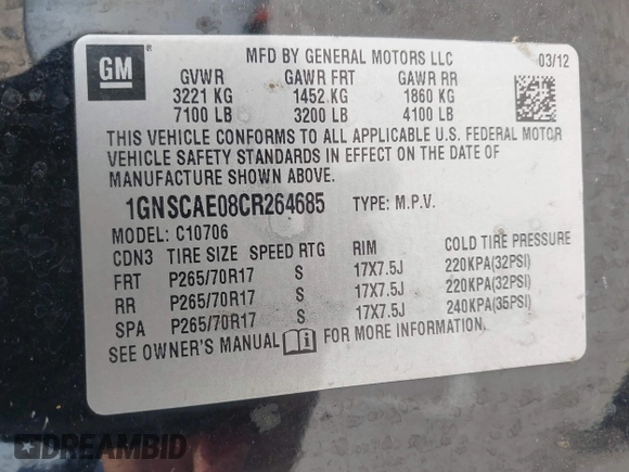 2012 Chevrolet Tahoe LS с VIN 1GNSCAE08CR264685, выставлен на аукционе IAAI как лот 42357932 с пробегом 188 923 миль миль и . История ставок и продаж доступна на DreamBid. Изображение 9.