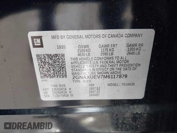 2021 Chevrolet Equinox LT with VIN 2GNAXUEV7M6117879, listed as a IAAI auction lot 42687171 with 53,134 mi miles and . Bid and sale history available at DreamBid. Image 9.