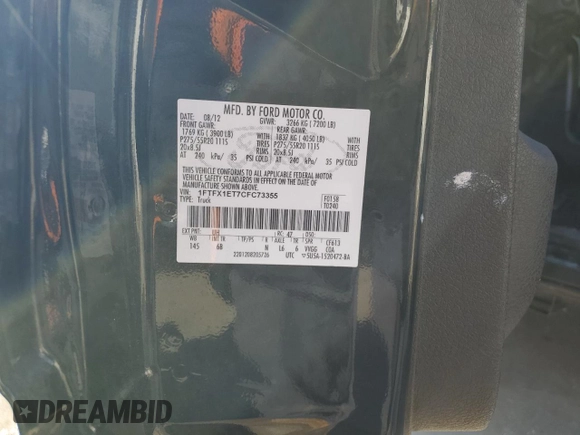 2012 Ford F-150 XL with VIN 1FTFX1ET7CFC73355, listed as a Copart auction lot 88273385 with 168,662 mi miles and Non Repairable. Bid and sale history available at DreamBid. Image 12.