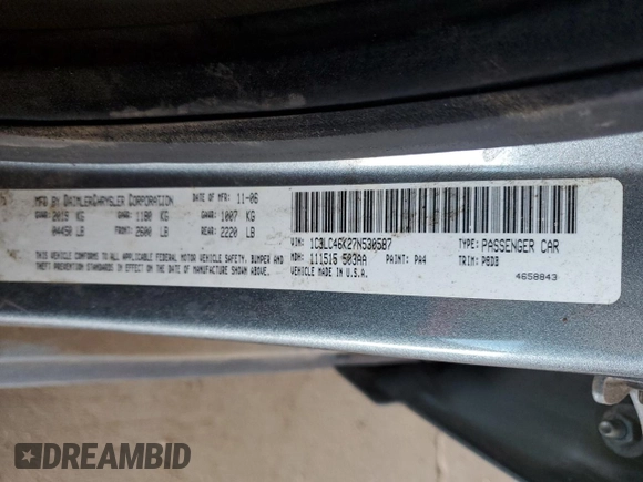 2007 Chrysler Sebring z VIN 1C3LC46K27N530587, wystawiony jako Copart lot #49853765 z przebiegiem 96 298 mil mil oraz Czysty tytuł • Clean title. Historia ofert i sprzedaży dostępna na DreamBid. Obrazek 12.