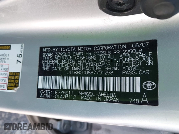 2008 Toyota Prius with VIN JTDKB20U887701258, listed as a IAAI auction lot 41814826 with 123,861 mi miles. Bid and sale history available at carsss.com. Image 9.