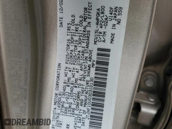2003 Lexus RX 300 z VIN JTJHF10U030310130, wystawiony jako Copart lot #51695265 z przebiegiem 126 339 mil mil oraz Szkoda całkowita • Salvage title. Historia ofert i sprzedaży dostępna na DreamBid. Obrazek 13.