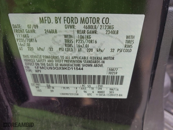 2009 Ford Escape XLT with VIN 1FMCU93GX9KD11544, listed as a IAAI auction lot 41668099 with 1 mi miles. Bid and sale history available at carsss.com. Image 9.