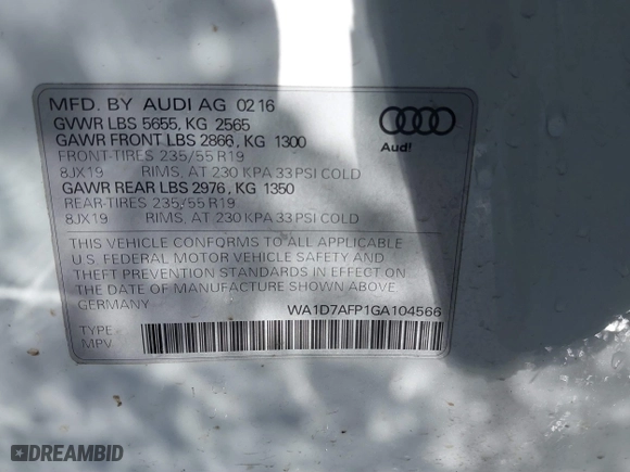 2016 Audi Q5 Premium Plus with VIN WA1D7AFP1GA104566, listed as a IAAI auction lot 41404142 with 53,011 mi miles. Bid and sale history available at carsss.com. Image 9.