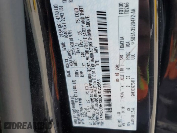 2013 Ford Escape SEL with VIN 1FMCU9HX0DUD23563, listed as a Copart auction lot 58691535 with 170,031 mi miles and Salvage title. Bid and sale history available at DreamBid. Image 13.