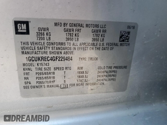 2016 Chevrolet Silverado 1500 LT with VIN 1GCUKREC4GF229484, listed as a Copart auction lot 83385464 with 135,158 mi miles and Salvage Title. Bid and sale history available at DreamBid. Image 13.