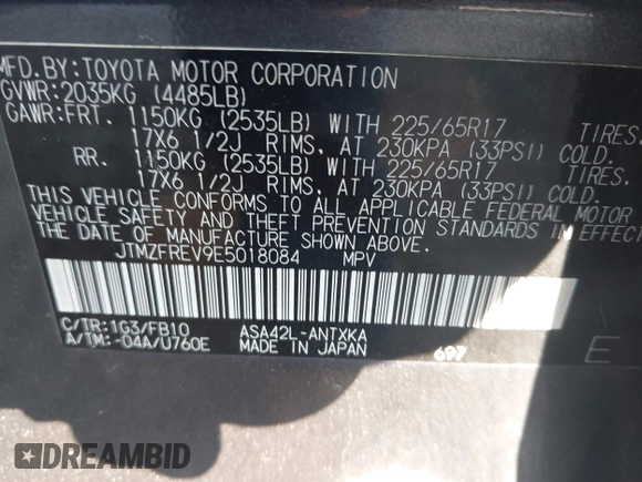 2014 Toyota RAV4 LE z VIN JTMZFREV9E5018084, wystawiony jako IAAI lot #42573040 z przebiegiem 168 661 mil mil oraz . Historia ofert i sprzedaży dostępna na DreamBid. Obrazek 9.
