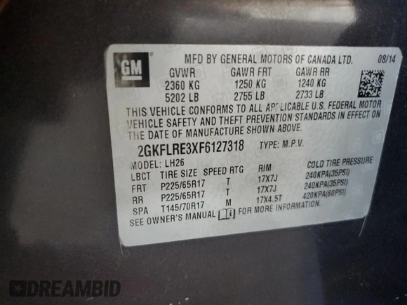 2015 GMC Terrain SLE with VIN 2GKFLRE3XF6127318, listed as a Copart auction lot 56537005 with 178,053 mi miles and Salvage title. Bid and sale history available at DreamBid. Image 14.