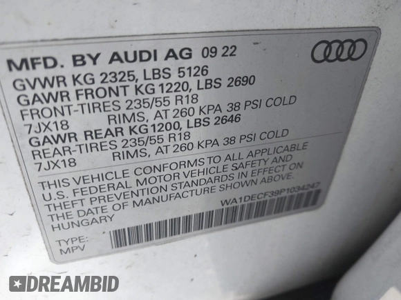 2023 Audi Q3 S line Premium with VIN WA1DECF39P1034247, listed as a IAAI auction lot 41889564 with 49,387 mi miles and . Bid and sale history available at DreamBid. Image 9.